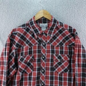 Wrangler Mens M Plaid Western Cowboy Shirt‎ Long Sleeve Red Black Pearl Snap